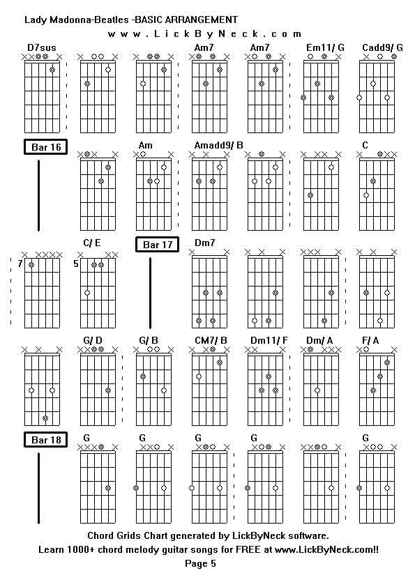 Chord Grids Chart of chord melody fingerstyle guitar song-Lady Madonna-Beatles -BASIC ARRANGEMENT,generated by LickByNeck software.